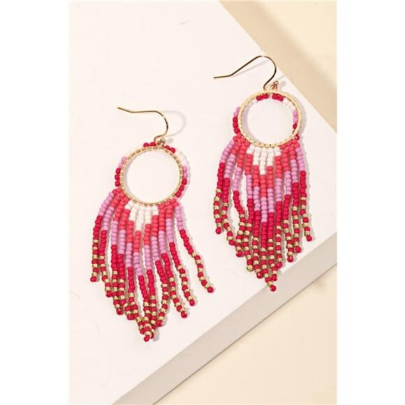 Fame Circle Cutout Seed Beaded Fringe Earrings - Picture 2 of 3